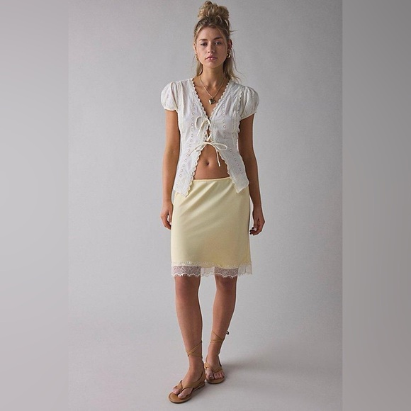 UO Kimchi Blue Addy Lace Trim Satin Slip Midi Skirt - Cream Yellow - Picture 2 of 3